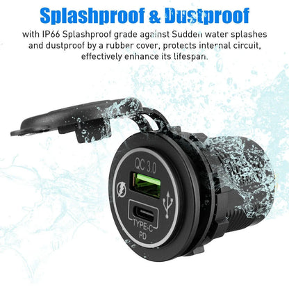 Charger Outlet / 12V 24V / Dual Port LED Type C USB QC3.0 PD for Car ATV RV