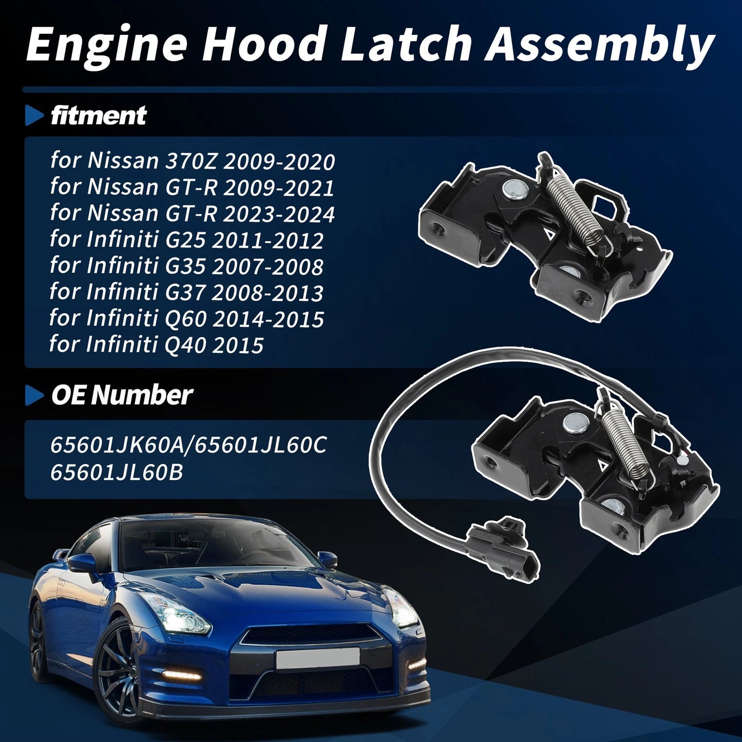 Set of 2 Hood Latch Assembly for Nissan GT-R (2009–2021) 65601JK60A/65601JL60C