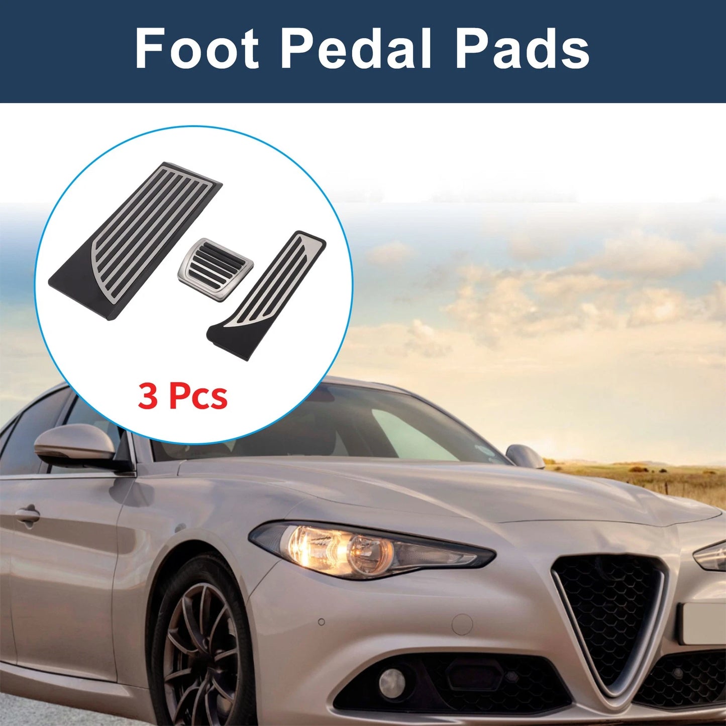 3 Pcs Foot Accelerator Pedal Covers for Alfa Romeo Stelvio (2015–2018) Silver Tone