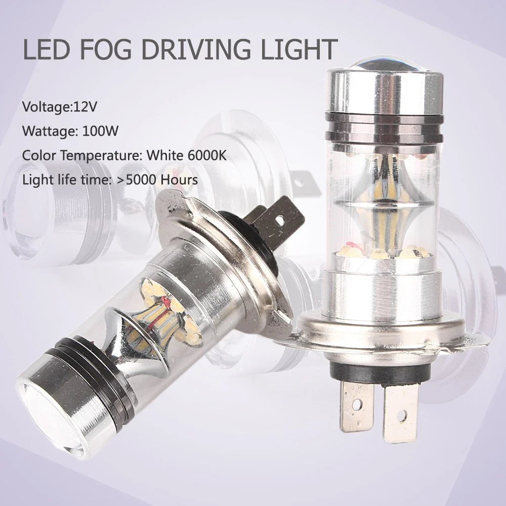 6000K H7 100W LED 20-SMD Projector Fog Driving DRL Light Bulbs for Car