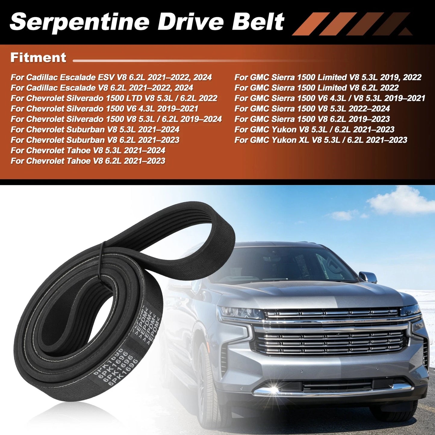 6 Ribs Serpentine Drive Belt for Chevy Silverado 1500 Tahoe Suburban (2007–2014) 12669858