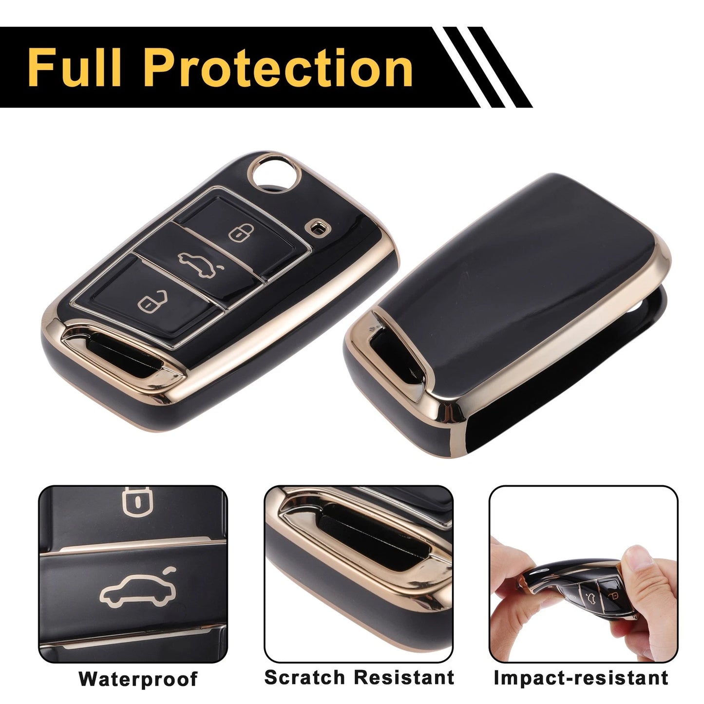 TPU Key Fob Shell Cover Case for VW Golf 7 (2013–2023) - Black Gold Tone