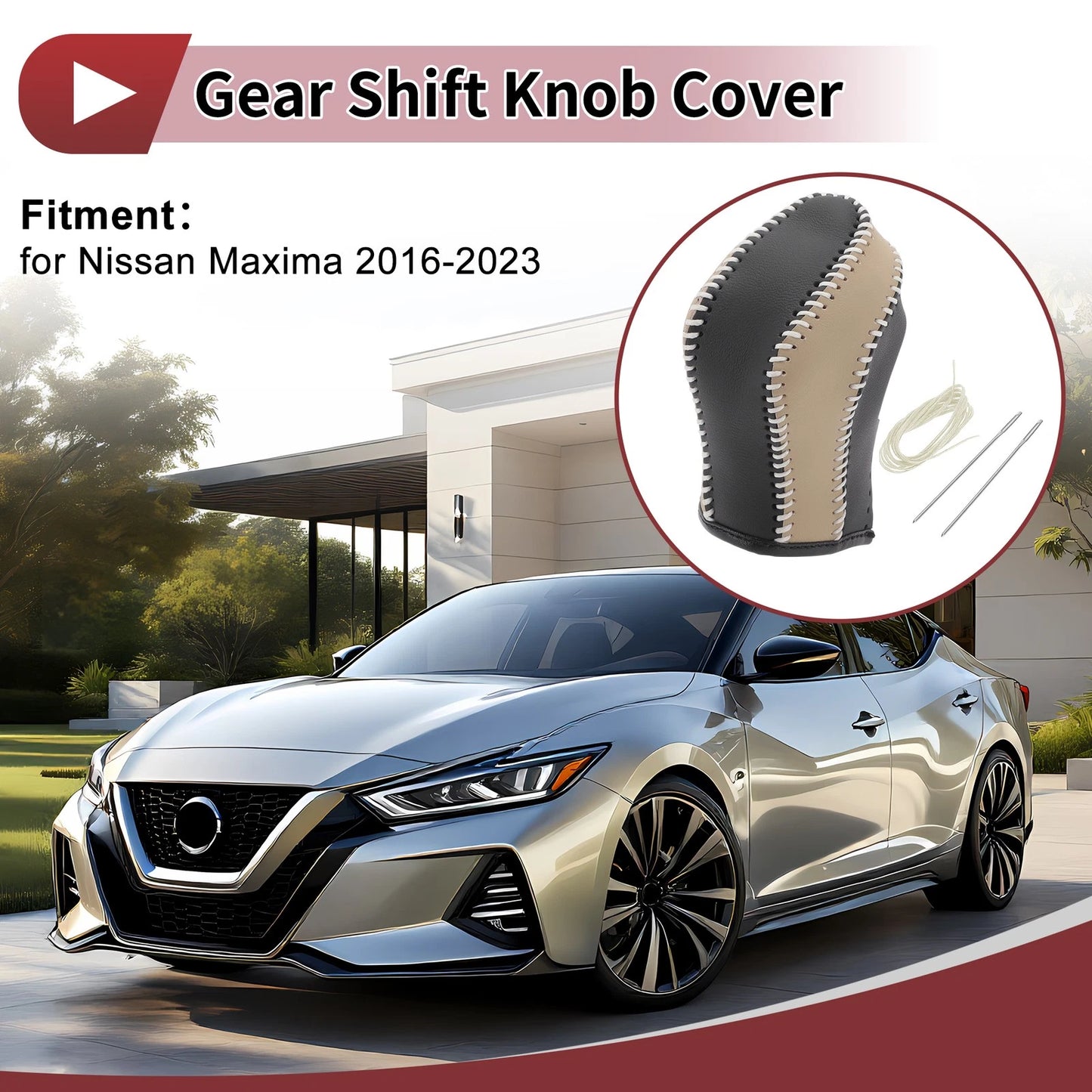 1Pc Gear Shift Knob Cover for Nissan Maxima (2016–2023) Black Beige Faux Leather