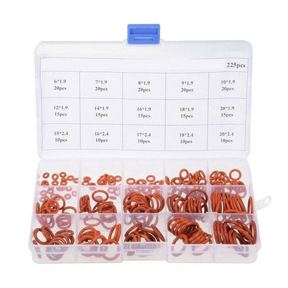 225pcs Red Silicone O-Ring Assortment for Sealing Metric Gasket Seal