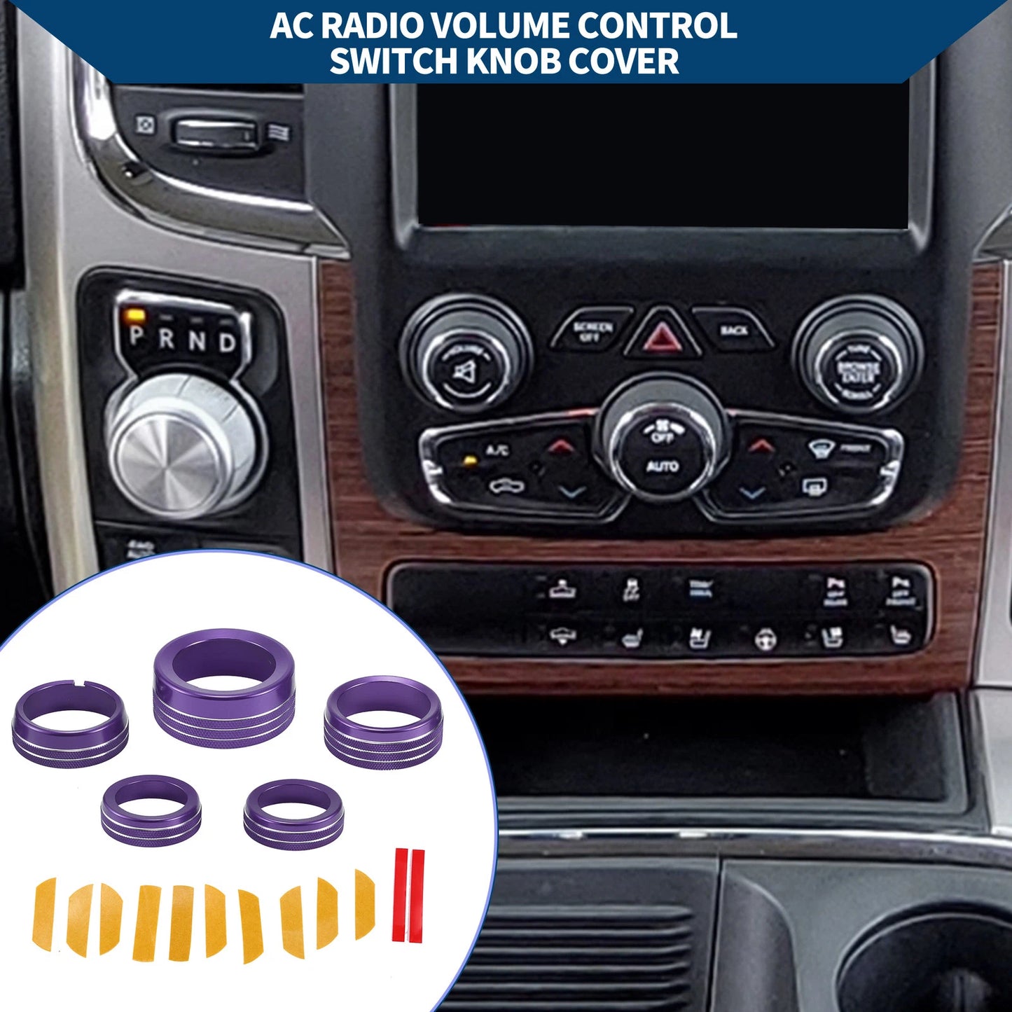 Set of 5 AC Gear Shift Headlight Media Knob Covers for Dodge RAM (2013–2017) Purple