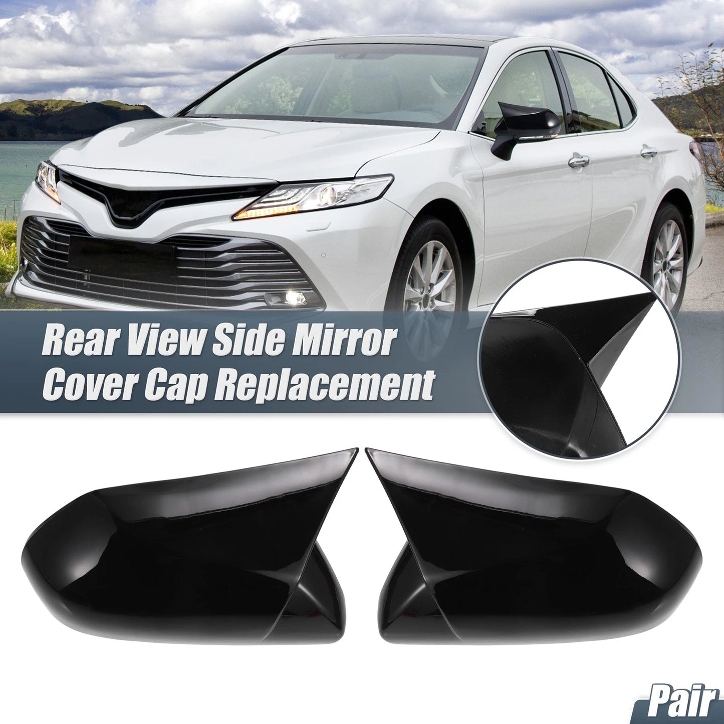 2X Rearview Mirror Cover Overlay Gloss Black for Toyota Camry (2018–2020)
