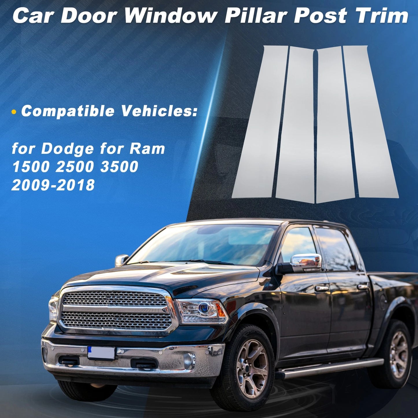 Set of 4 B Pillar Post Trim Panel Covers for Ram 1500 2500 3500 (2009–2018) Silver Tone