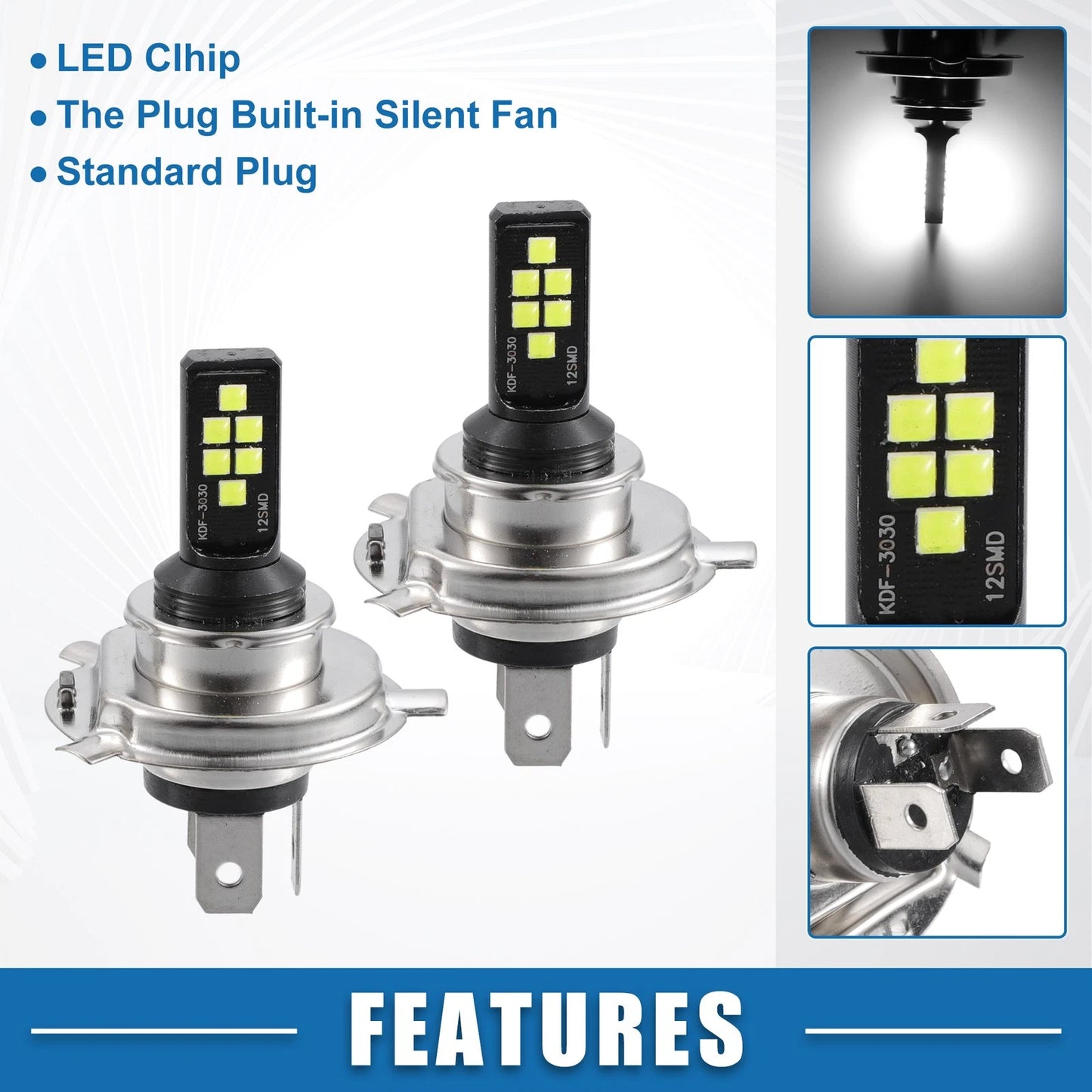 Set of 2 H4 LED Fog Light Bulbs for Auto (12 Chips, White)