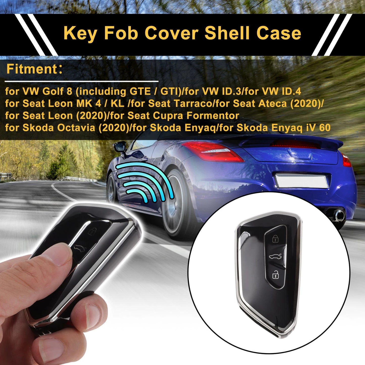 TPU Key Fob Shell Cover Case for VW Golf (2020–2023) 3 Buttons Black Silver Tone