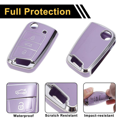 TPU Car Key Case for VW Golf 7 (2013–2020) - 3 Buttons, Purple Silver Tone