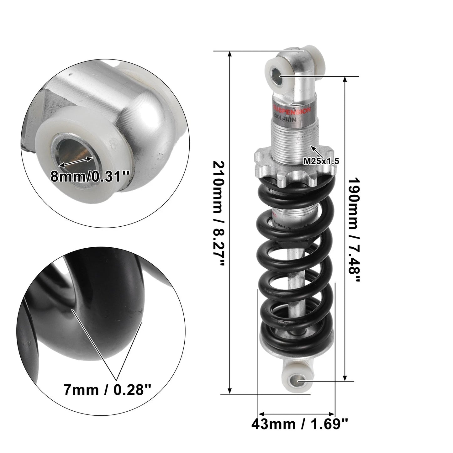 Rear Shock Absorber 190mm 650lbs for Scooter Dirt Bike ATV (Silver Tone)
