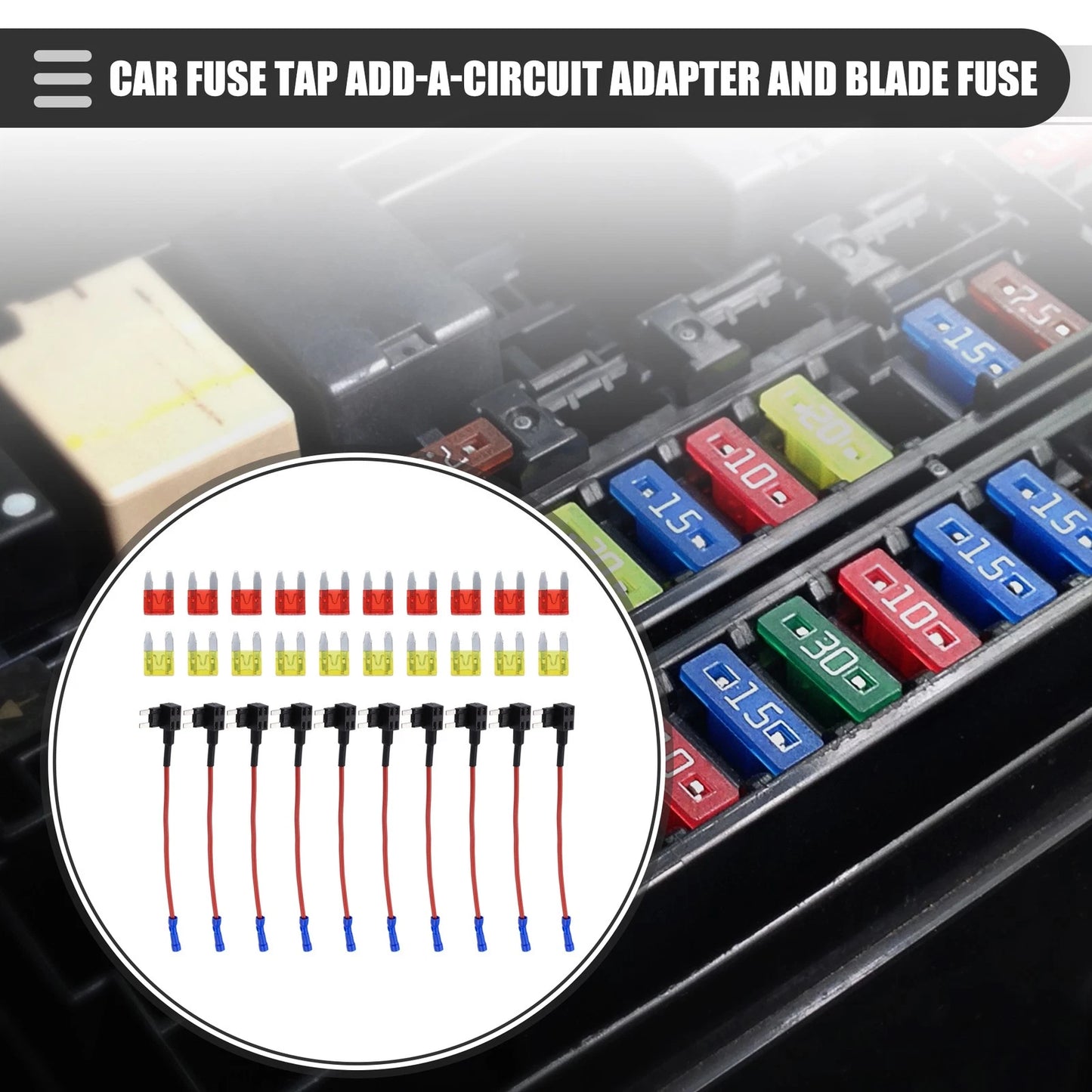 Set of 10 Mini Fuse Taps w/ 10pcs 10A 20A ATM APM Blade Fuses for Automotive