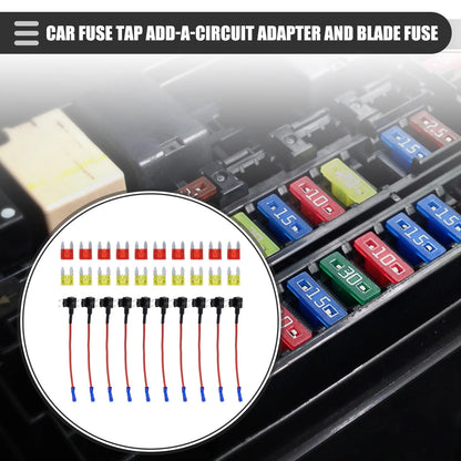Set of 10 Mini Fuse Taps w/ 10pcs 10A 20A ATM APM Blade Fuses for Automotive