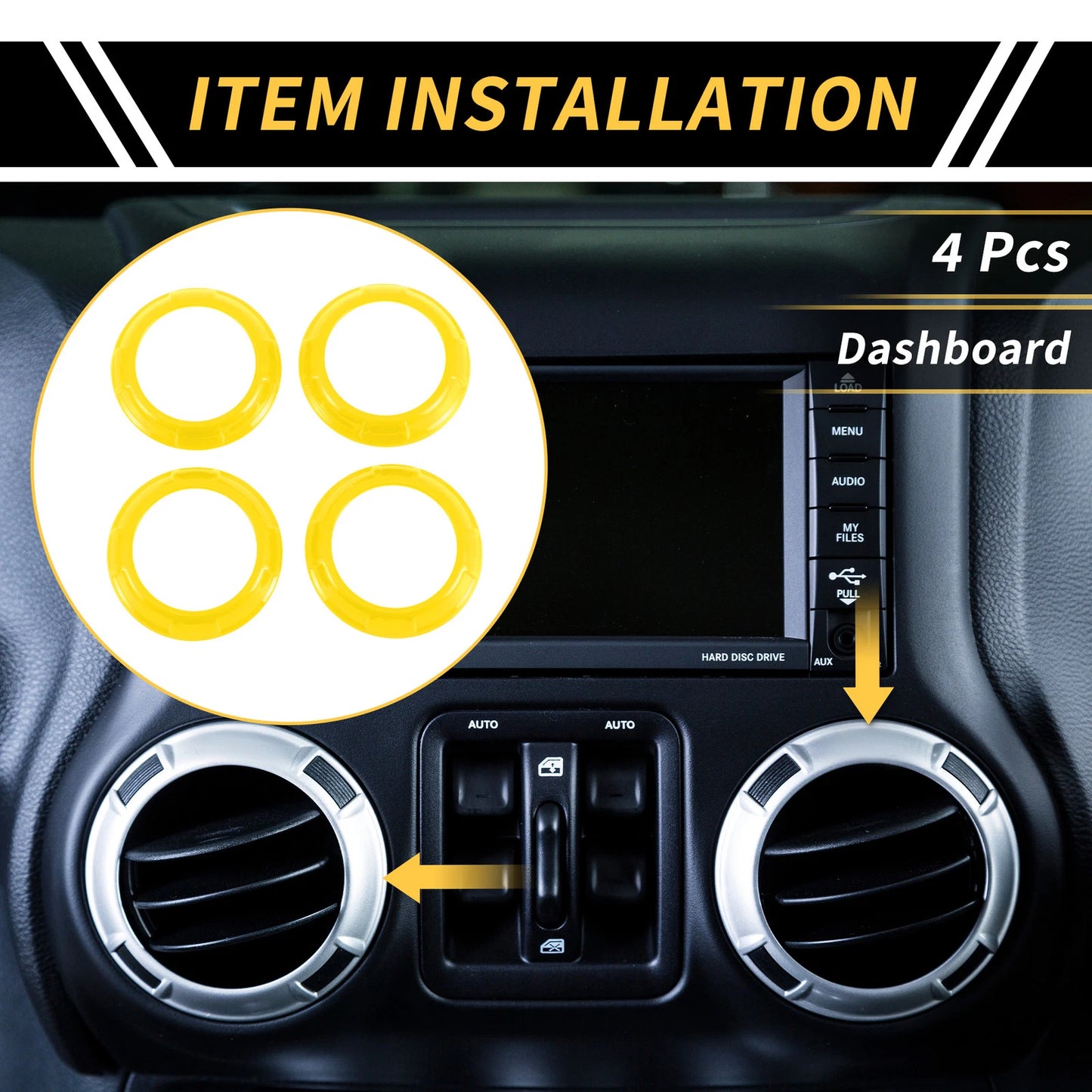 Set of 4 AC Vent Dashboard Decoration Rings for Jeep Wrangler JK JKU (2011–2017) Yellow