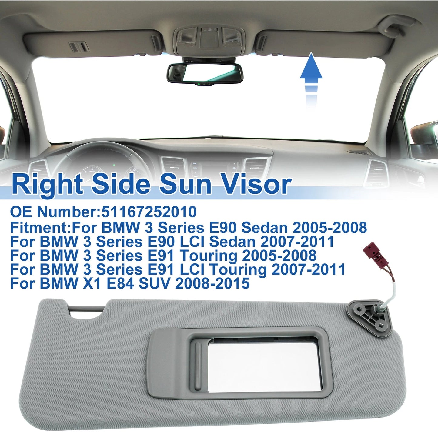 Right Side Sun Visor for BMW 3 Series E90 (2006–2013) No. 51167252010 Gray
