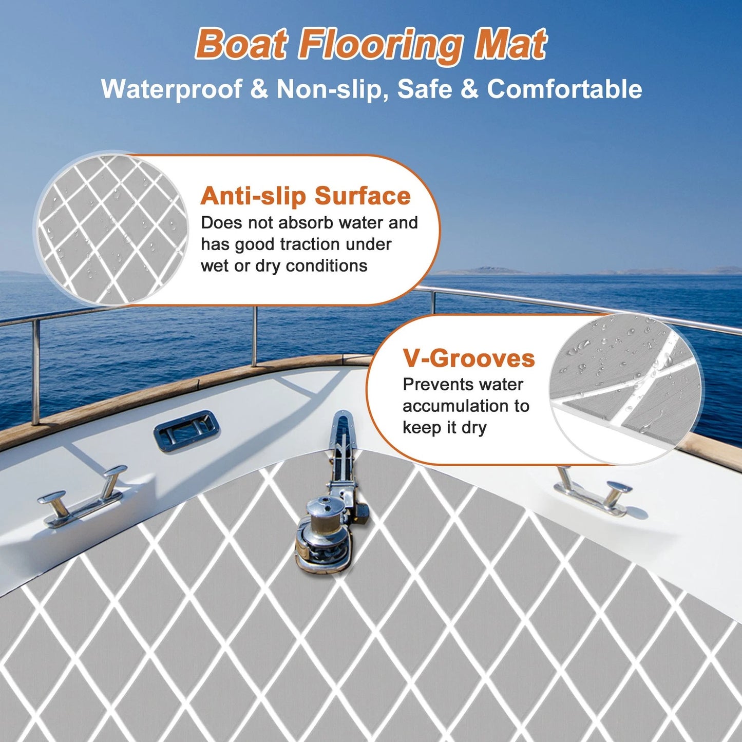Self-Adhesive Boat Flooring Strip 96" Lx16" W Light Gray with White Line