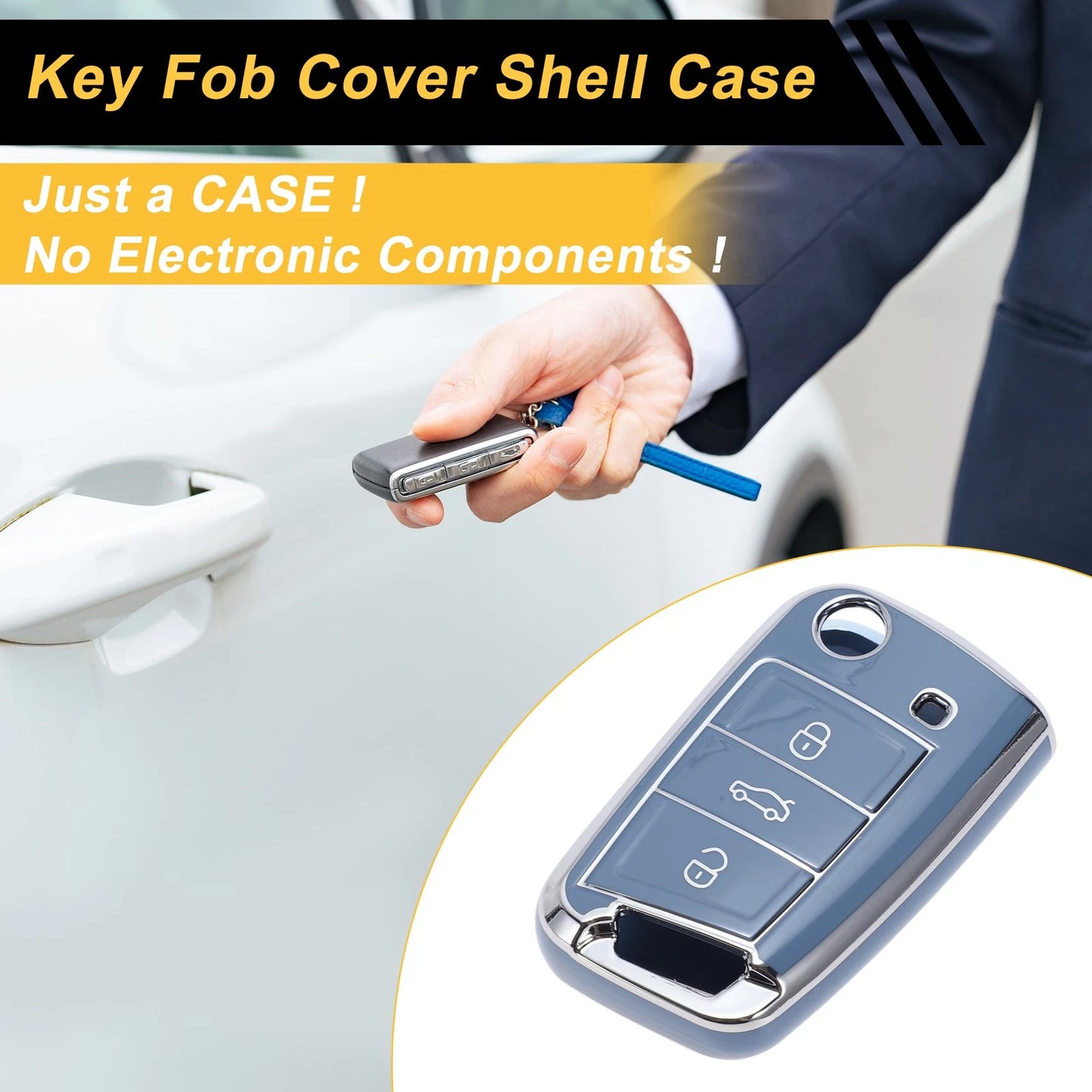 TPU Car Key Case for VW Golf 7 (2013–2020) - Gray Silver Tone, 3 Buttons