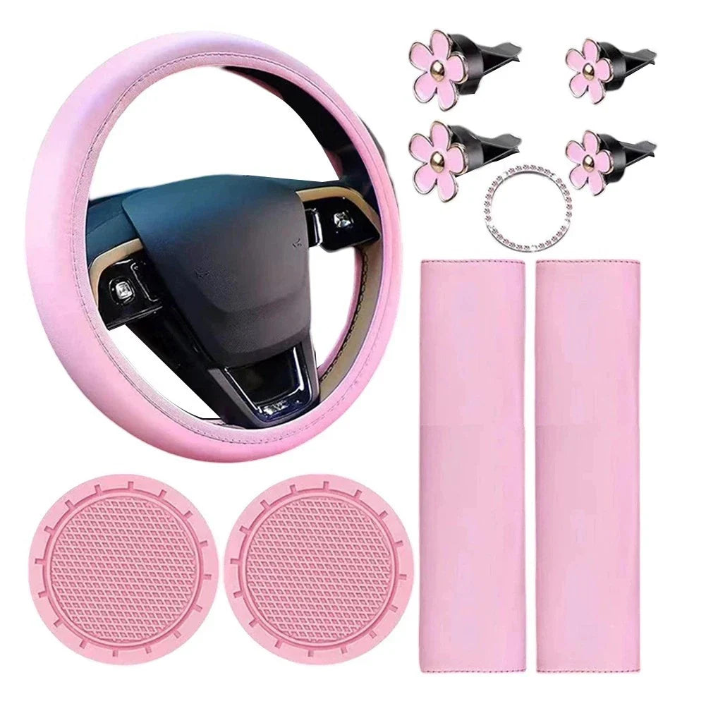 Dazzling 10 Pcs Women's Steering Wheel Cover Set with Practical Cup Holders