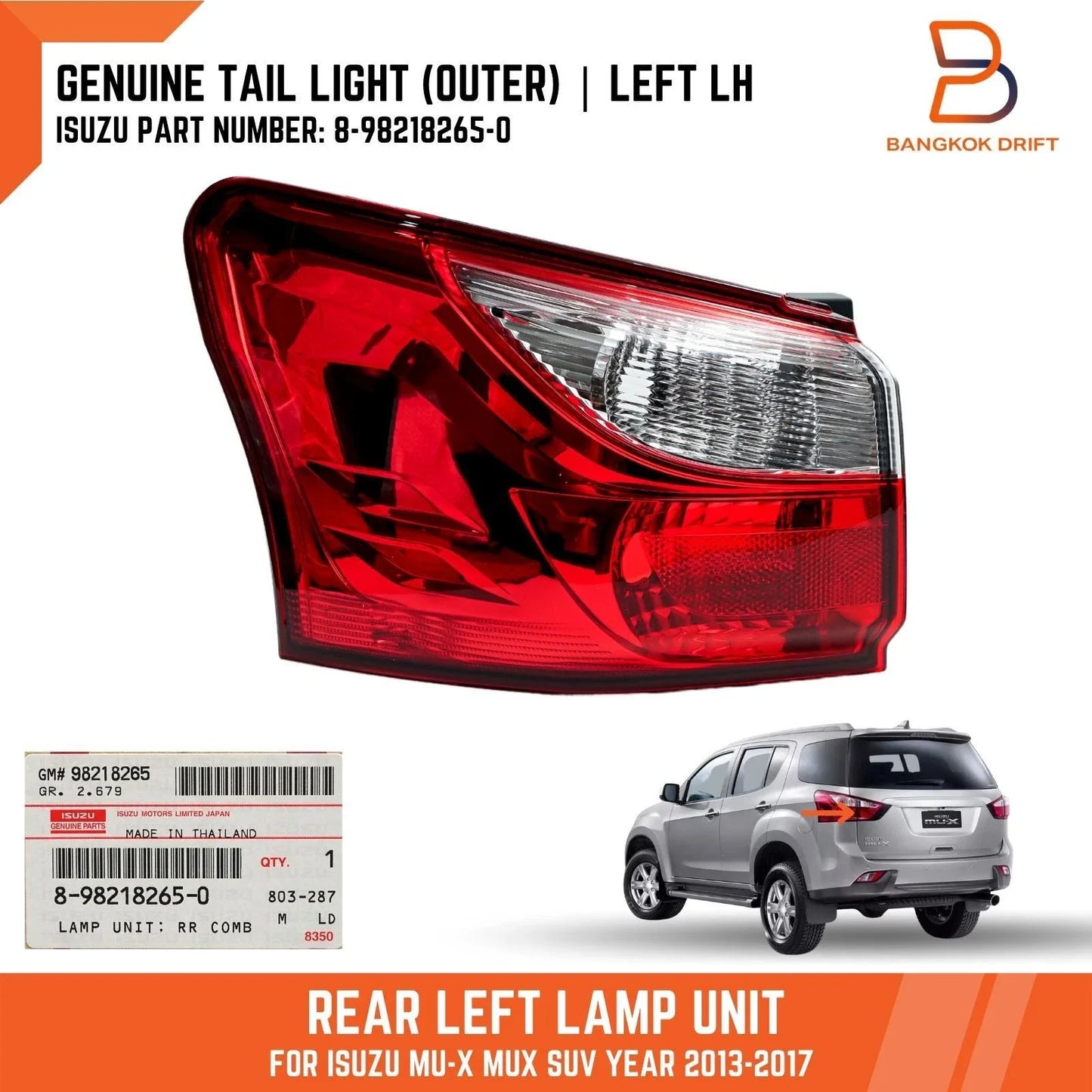 LH Tail Light Rear Lamp Unit for Isuzu MU-X MUX SUV (2013-2017)