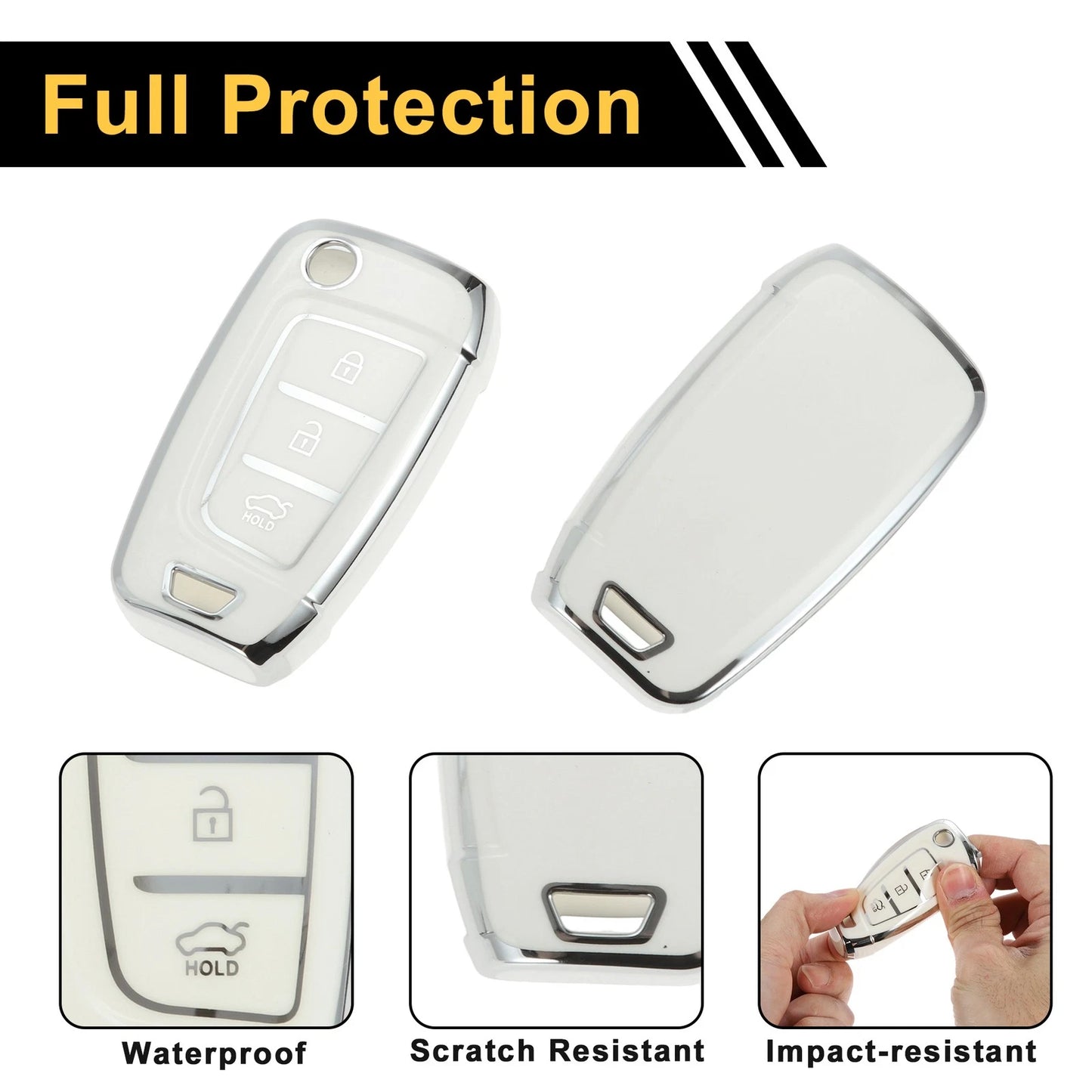 TPU Silicone Car Key Case for Hyundai i10 (2010–2023) - White/Silver Trim