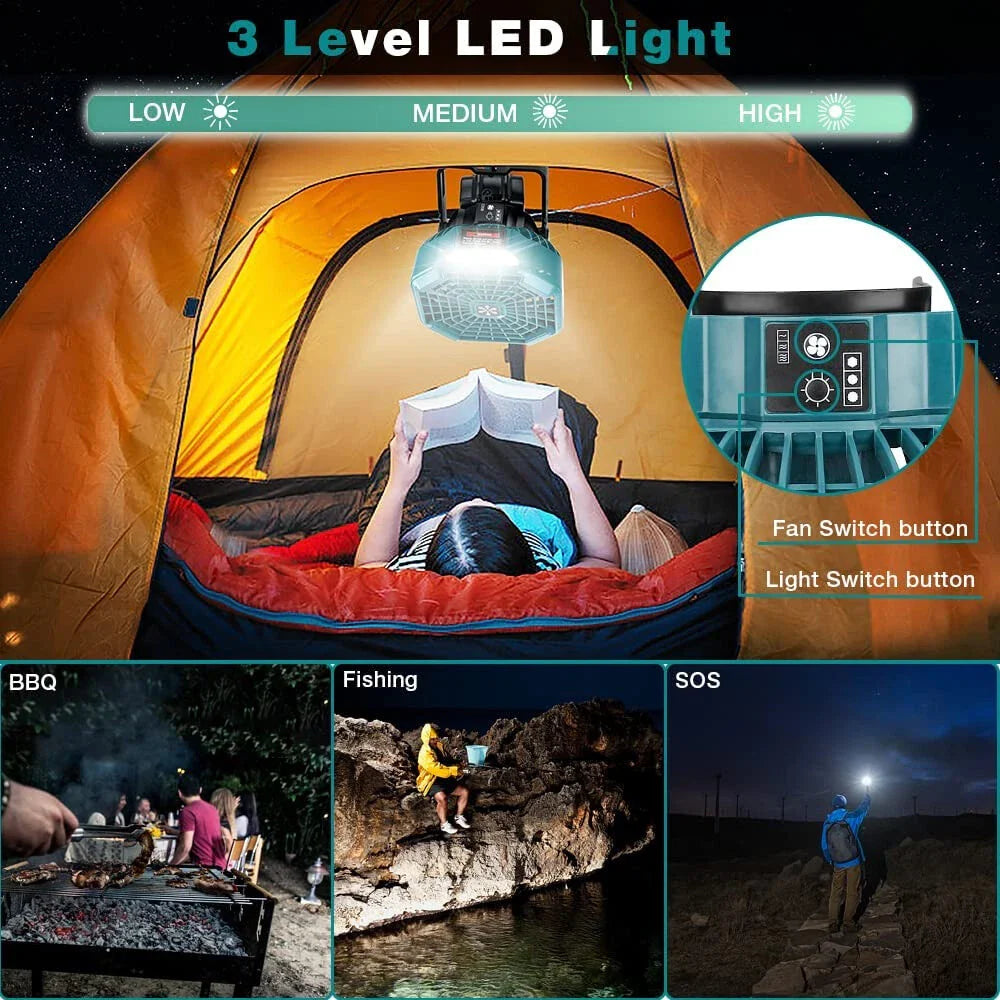 New Camping Ceiling Fan with LED Light for Makita 14.4V 18V Battery