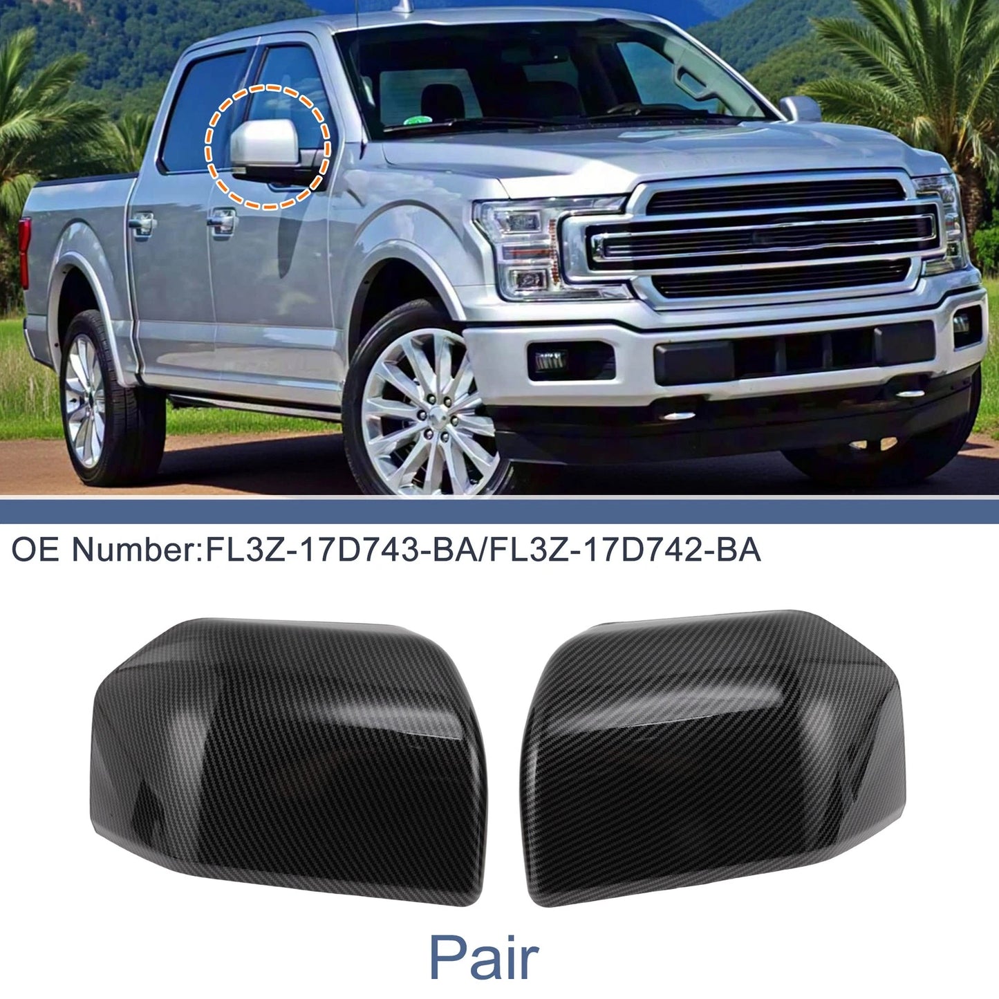 Pair of Mirror Cover Cap for Ford F-150 (2015–2020) FL3Z-17D743-BA Carbon Texture