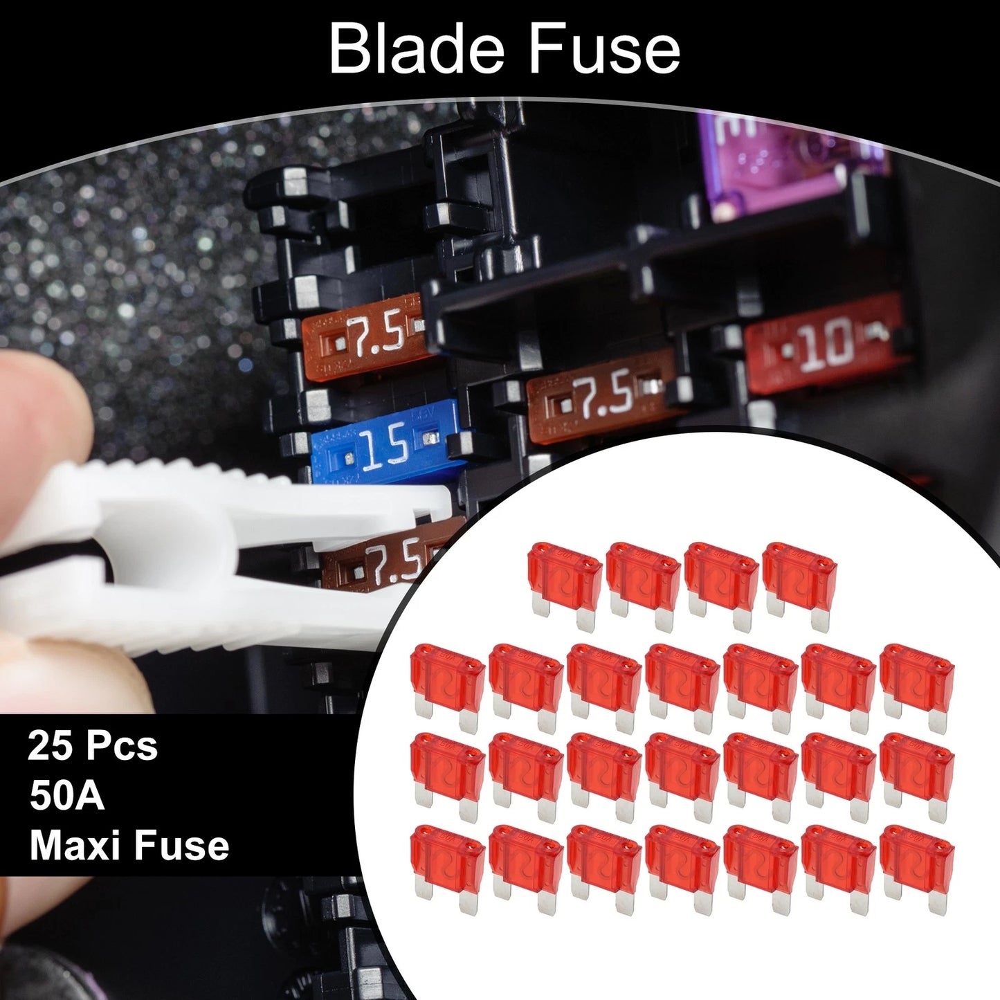 Set of 25 Maxi Fuse 50A Blade Fuses for Car Boat Truck RV Motorcycle