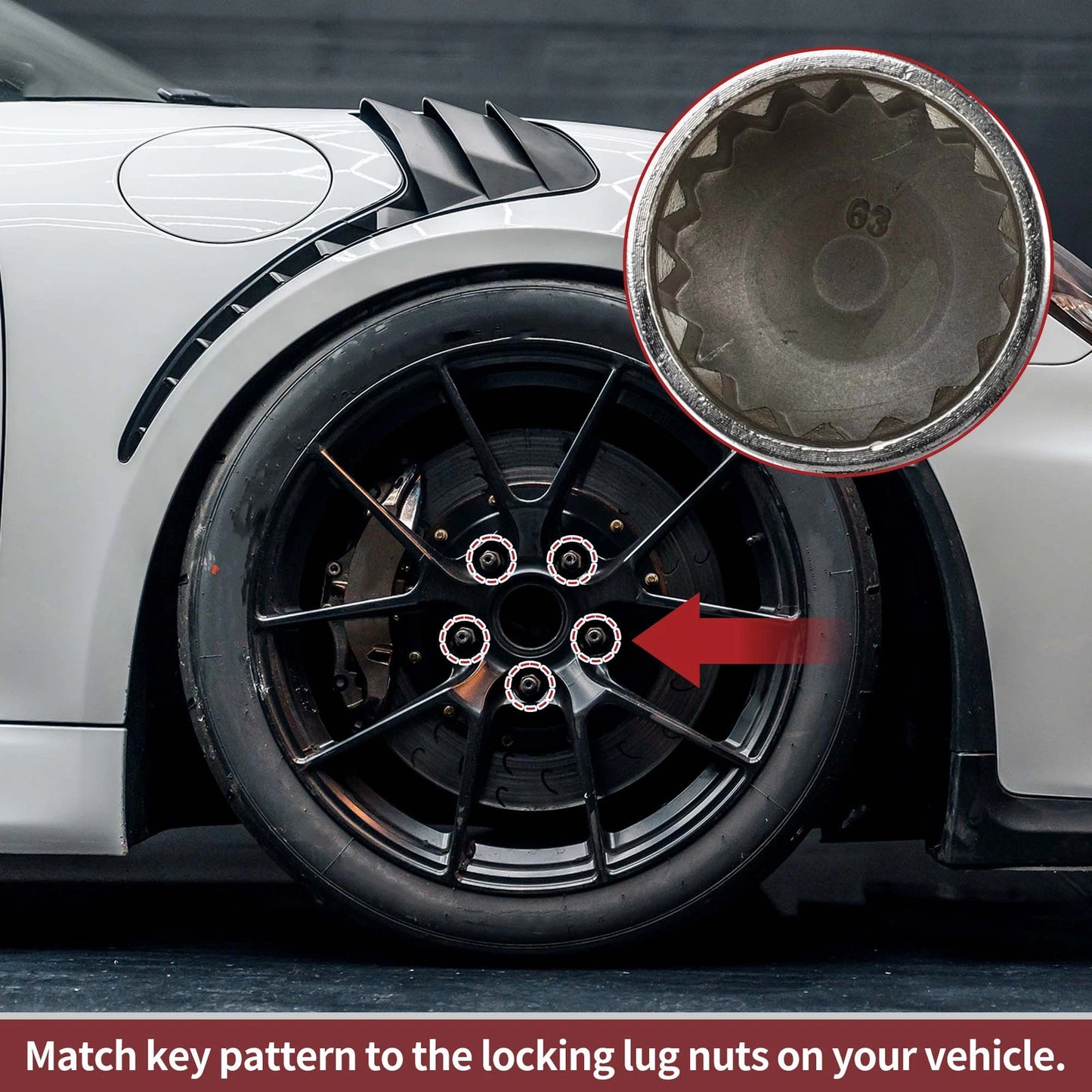 Set of 4 Wheel Lock Lug Nut 17 Teeth #63 Anti-theft Key Socket for Porsche Cayenne (2003–2023)