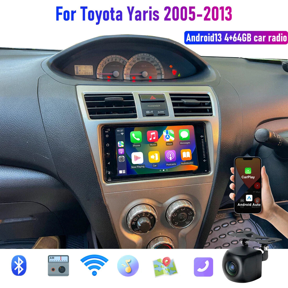 7" Wireless CarPlay Android Auto Head Unit for Toyota Yaris (2005-2013)