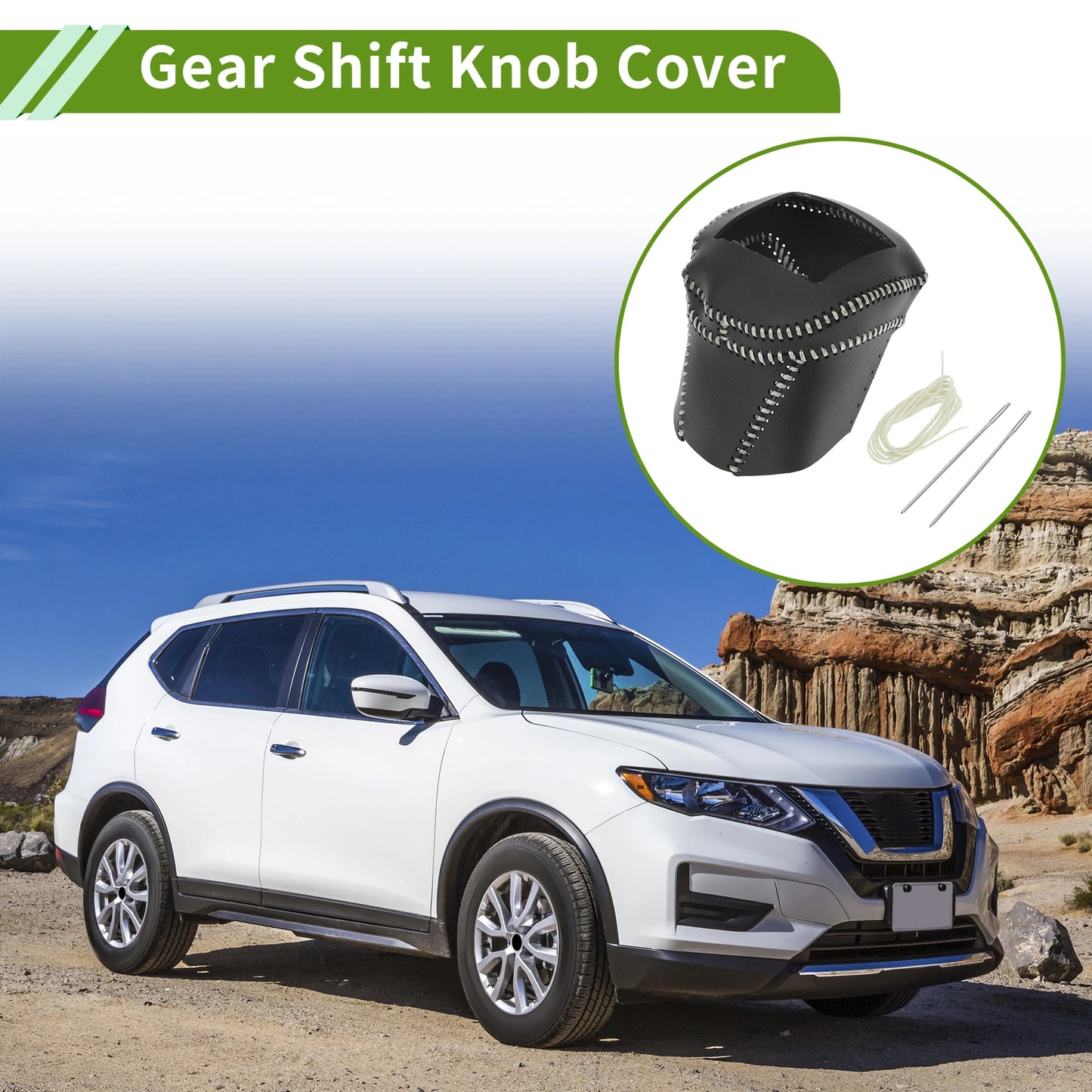 Gear Shift Knob Cover for Nissan Rogue (2021–2024) Black Beige Faux Leather