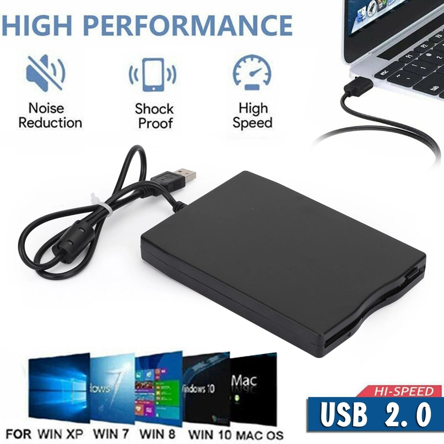 USB 2.0 External Floppy Disk Drive 3.5" for PC Mac (Win 10 Compatible)