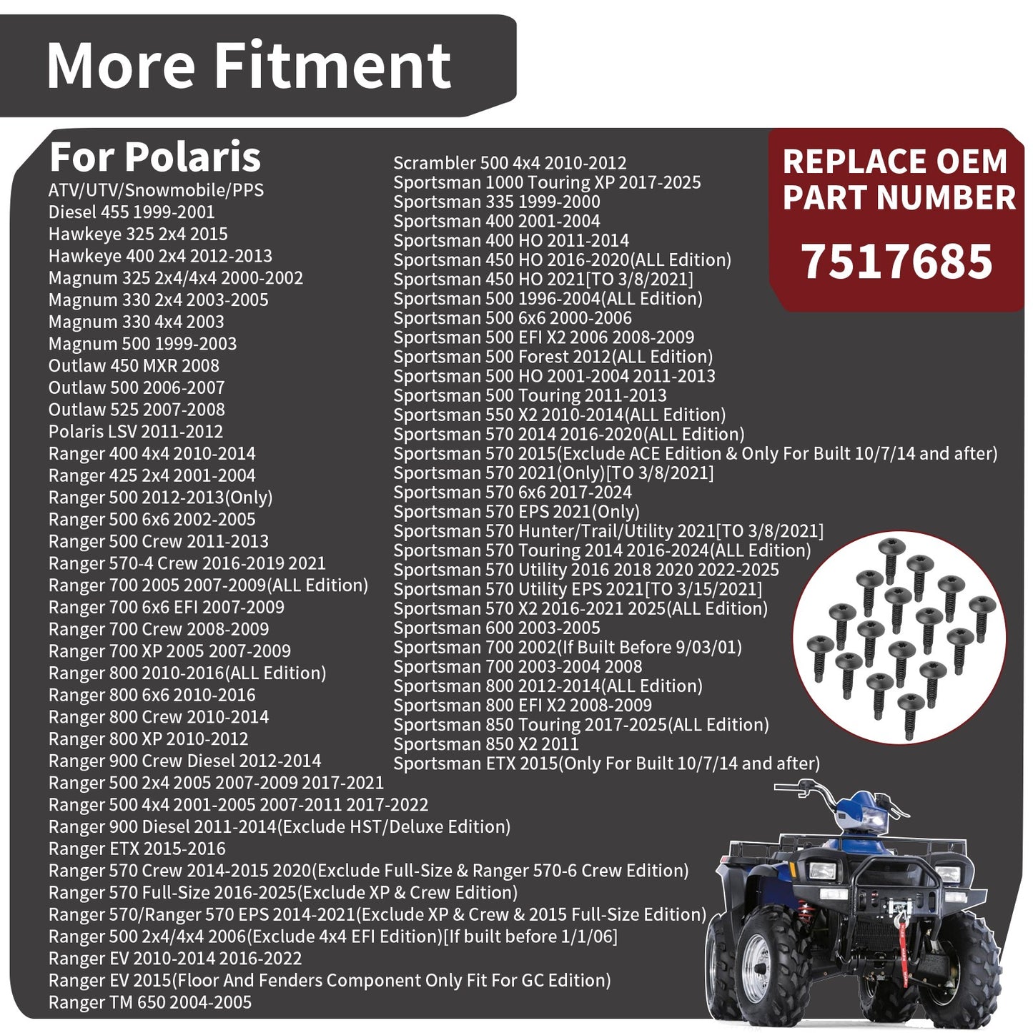 Set of 16 Torx Screw Bolts for Polaris Sportsman Xplorer Magnum