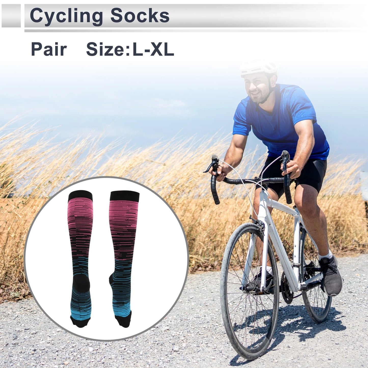 Cycling Socks for Size L-XL (Breathable, High-cut, Rose Red, Light Blue)