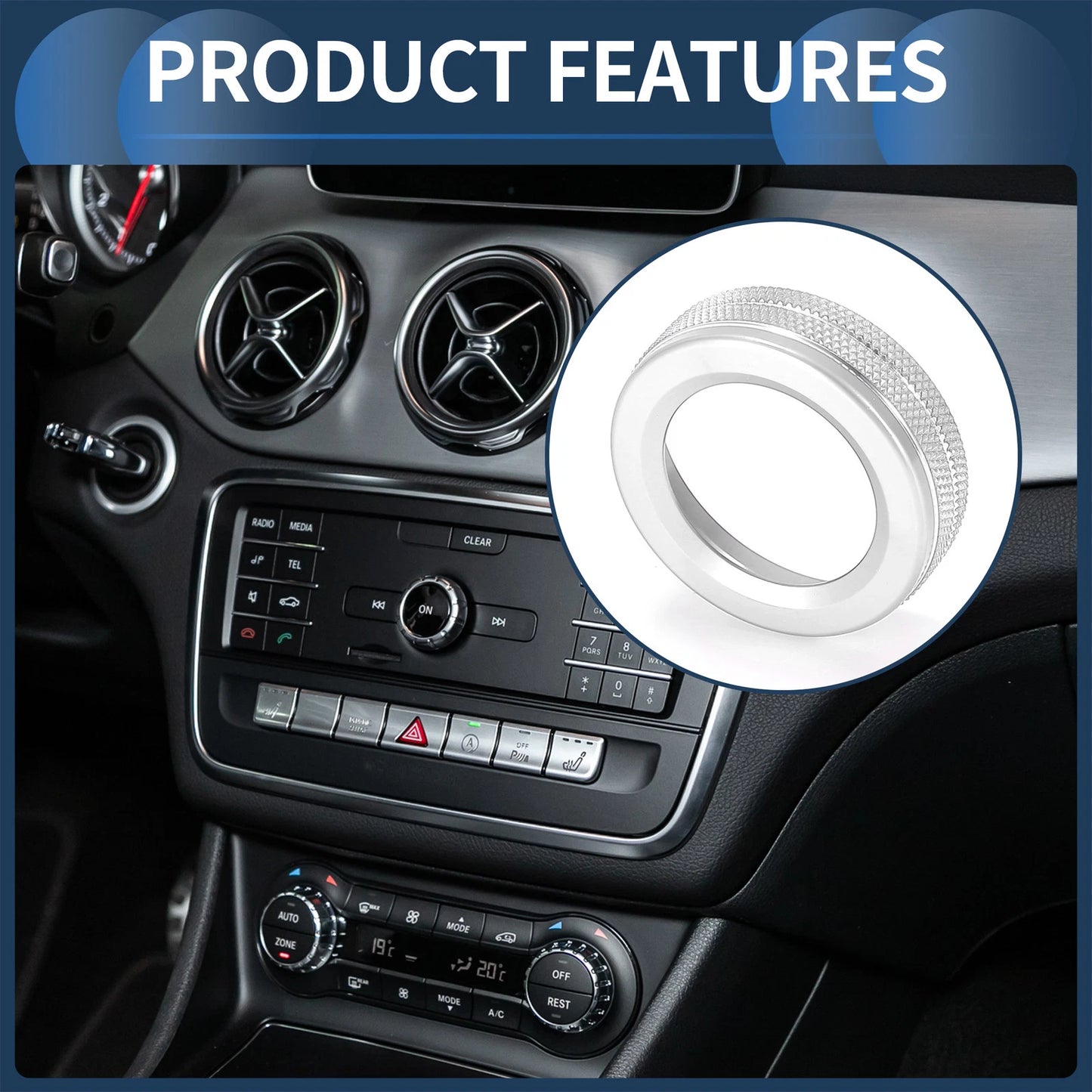 Set of 3 AC Media Knob Covers for Mercedes-Benz A B E GLK GLA CLA Class Silver Tone