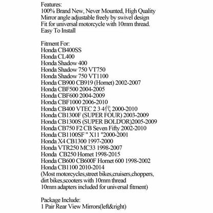 1 Pair Rear View Mirror for Honda CB400SS VT750 CBF500 (2004-2005) Black