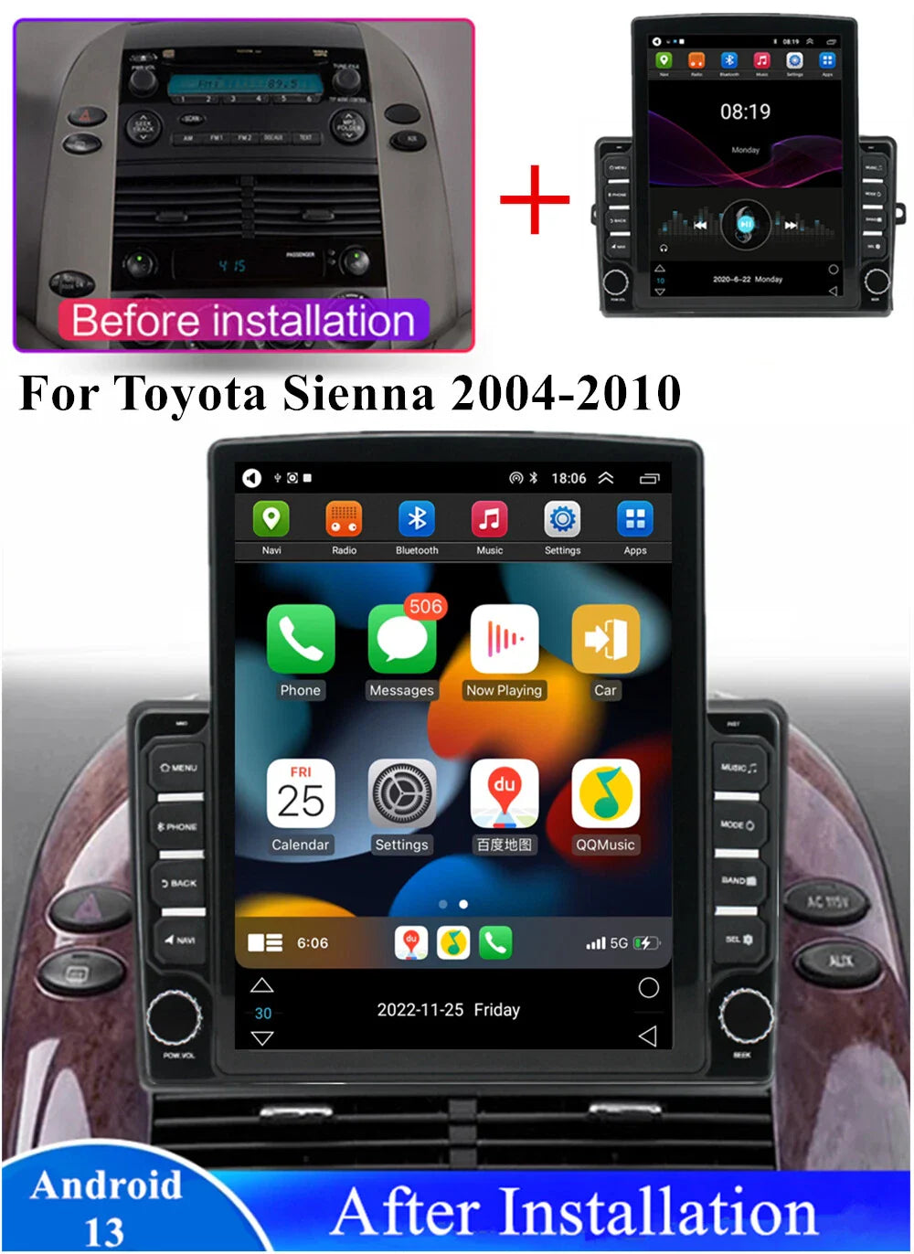 9.7" Vertical Android 13 Stereo Radio GPS for 2004-2010 Toyota Sienna