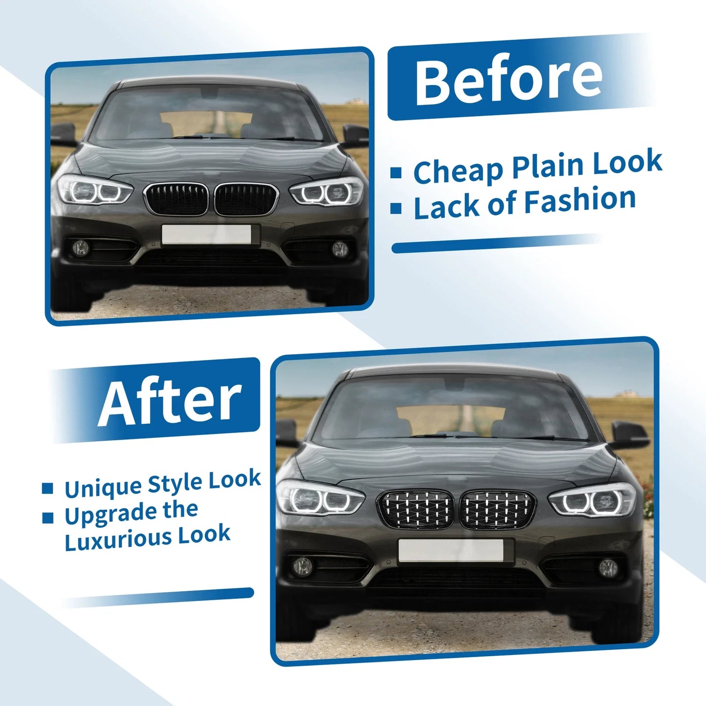 Front Upper Bumper Grille for BMW 1 Series Half Chrome Silver Tone