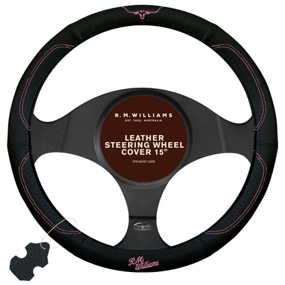 Leather Steering Wheel Cover for R.M. Williams (Black/Pink)