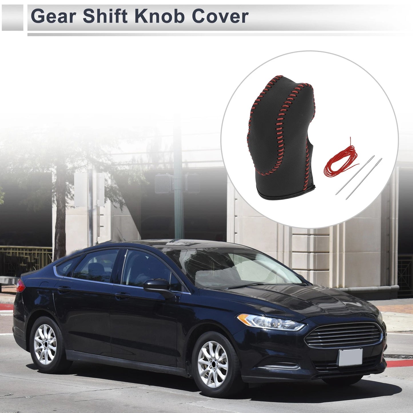 1 Pc Gear Shift Knob Cover Black Red Faux Leather for Ford Fusion (2013-2016)