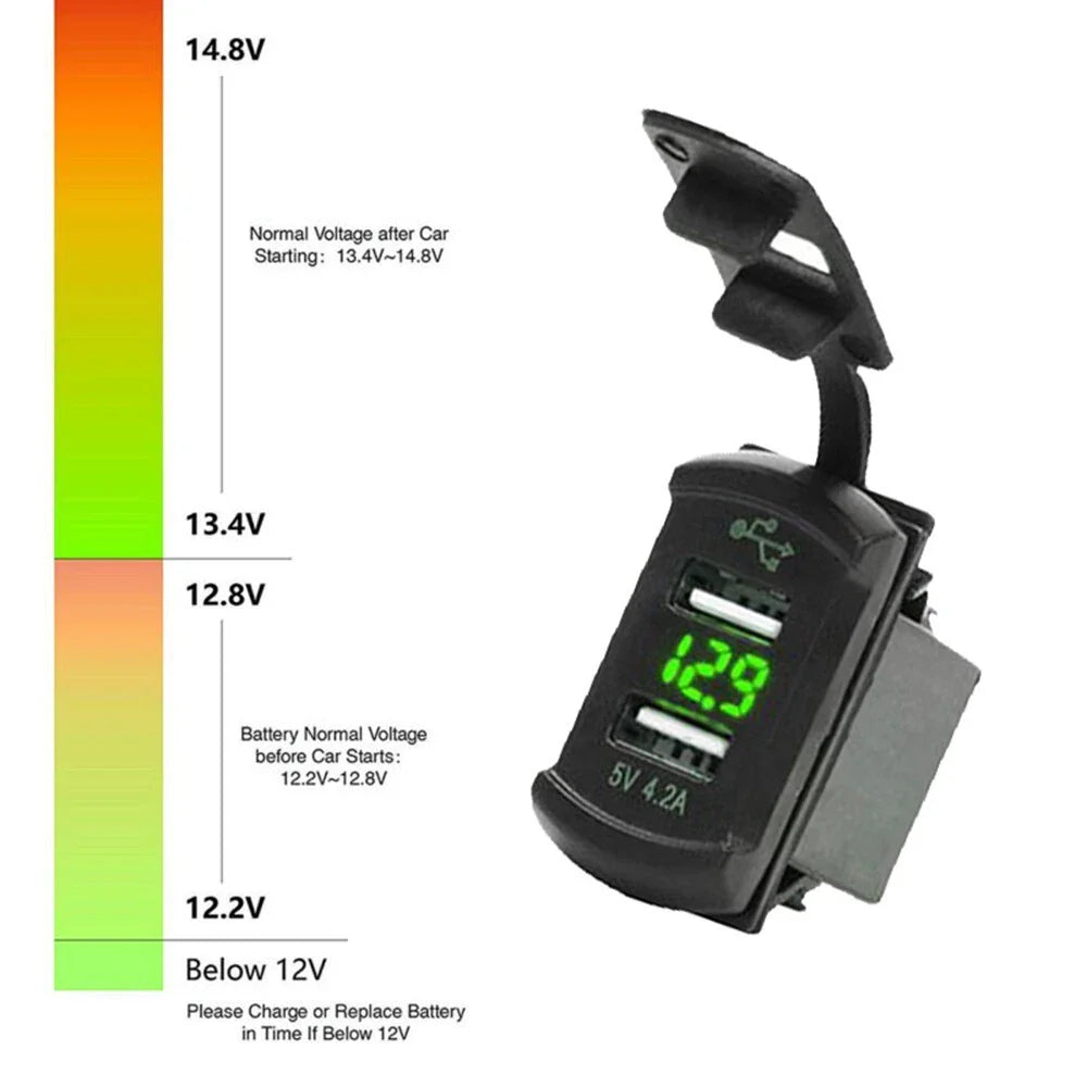LED Dual USB Charger with Voltmeter Rocker Switch DC12V for Car