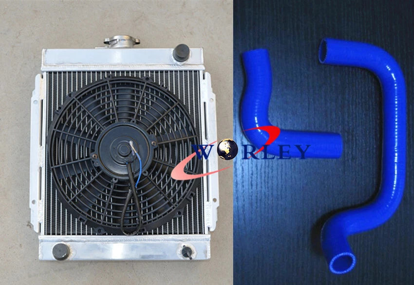 3 Row Aluminum Radiator with Fan and Blue Hose for Datsun 1200 (1970–1976)