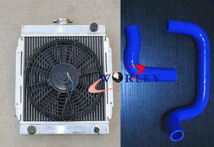 3 Row Aluminum Radiator with Fan and Blue Hose for Datsun 1200 (1970–1976)