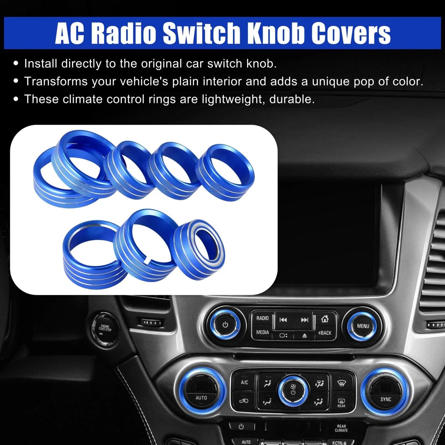 8 Pcs Blue AC Radio Switch Knob Covers for Chevy Silverado, GMC Sierra (2014-2018)