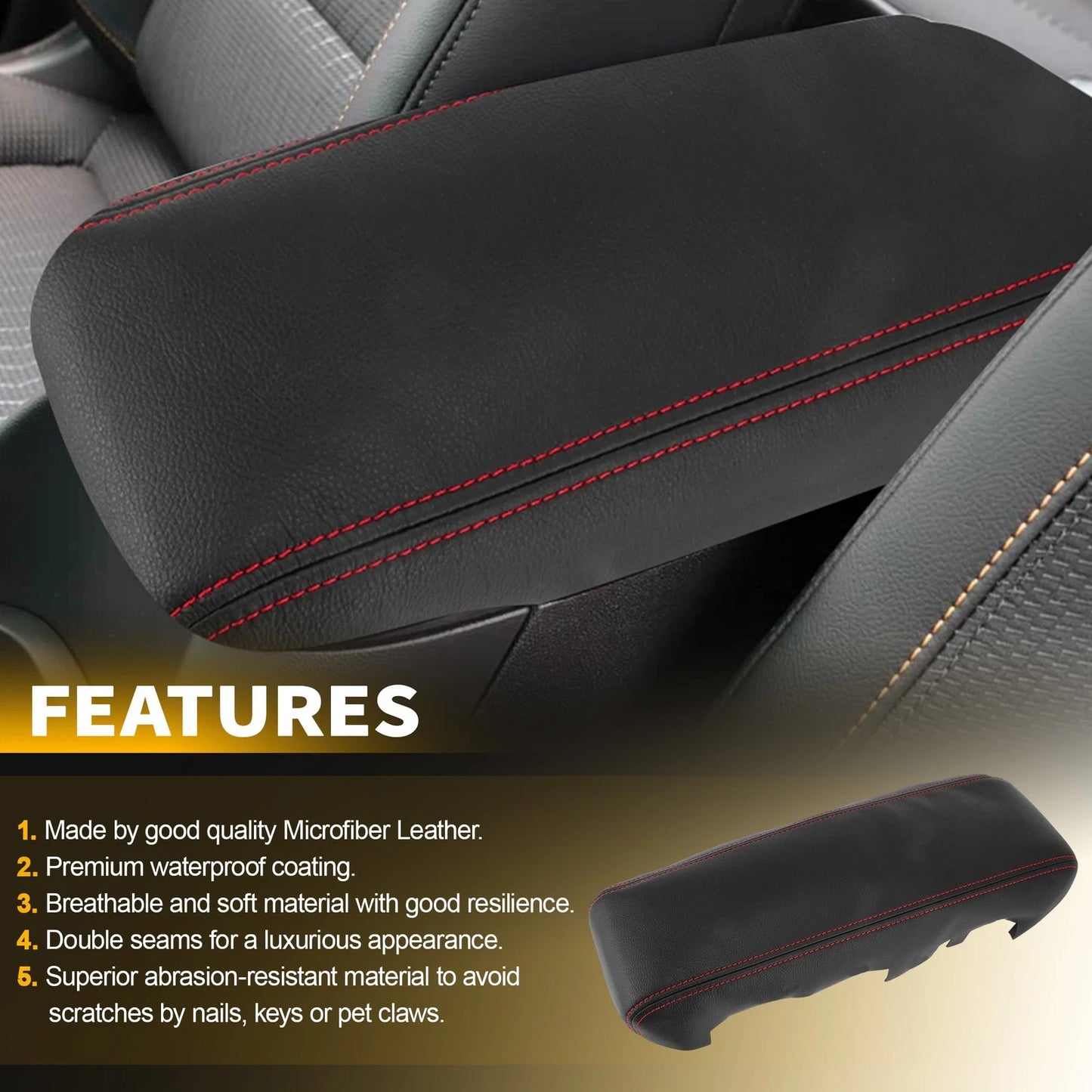Black Leather Console Lid Armrest Cover for Chevy Equinox (2010–2017) Red Stitch