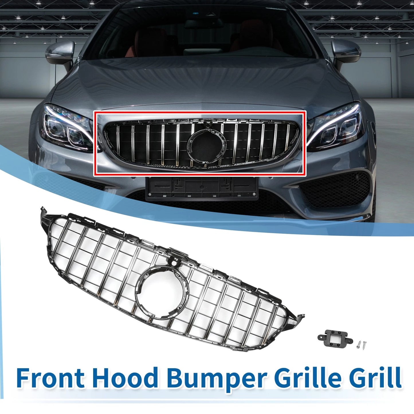 Front Upper Bumper Grille for Mercedes-Benz C180 (Chrome, Silver, Black)