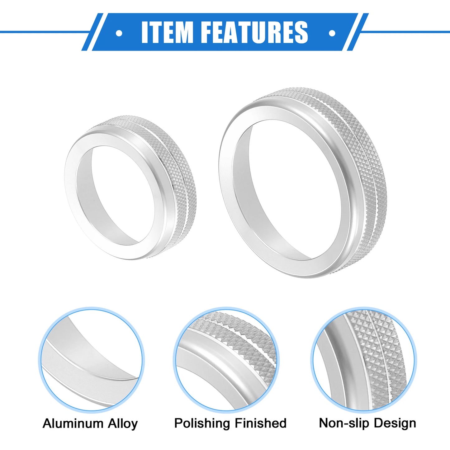 Set of 4 AC Audio Volume Tune Switch Knob Ring Covers for Ford F150 (2021–2023) Silver Tone
