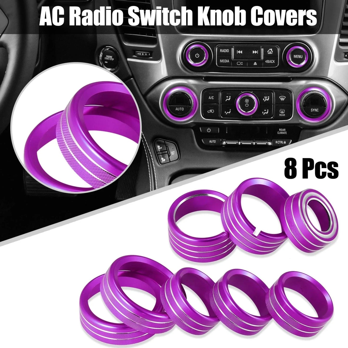 8 Pcs Purple AC Radio Switch Knob Covers for Chevy Silverado, GMC Sierra (14-18)