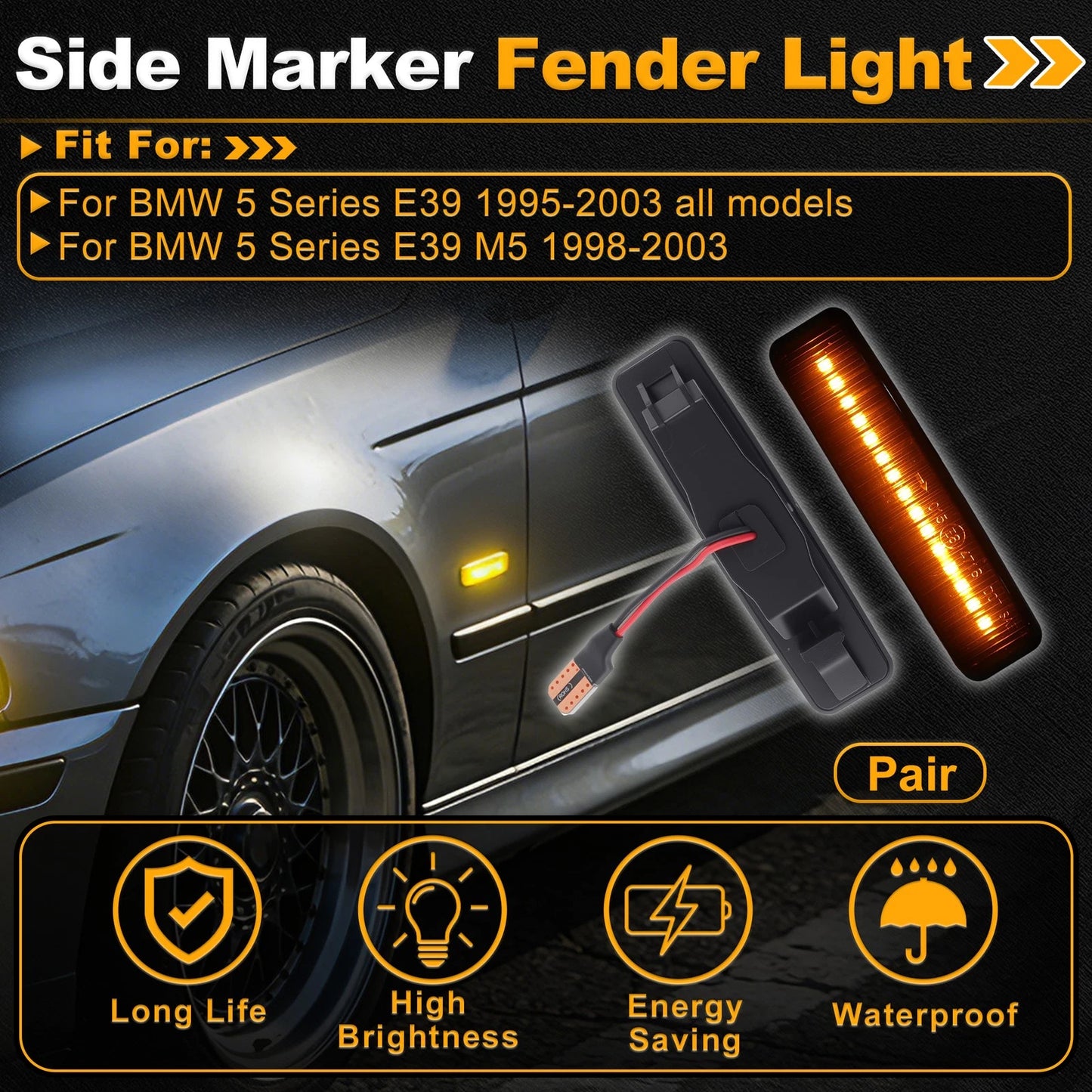 Side Marker Fender Light for BMW 5 Series E39 (1995–2003) 1 Pair Smoky Black Lens