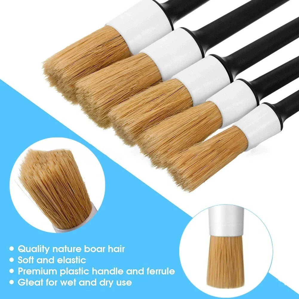 5 x Boar Hair Bristle Detailing Brushes for Car Cleaning Wheels Soft Easy Use