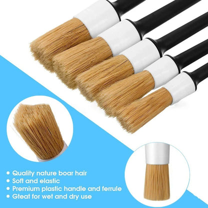 5 x Boar Hair Bristle Detailing Brushes for Car Cleaning Wheels Soft Easy Use
